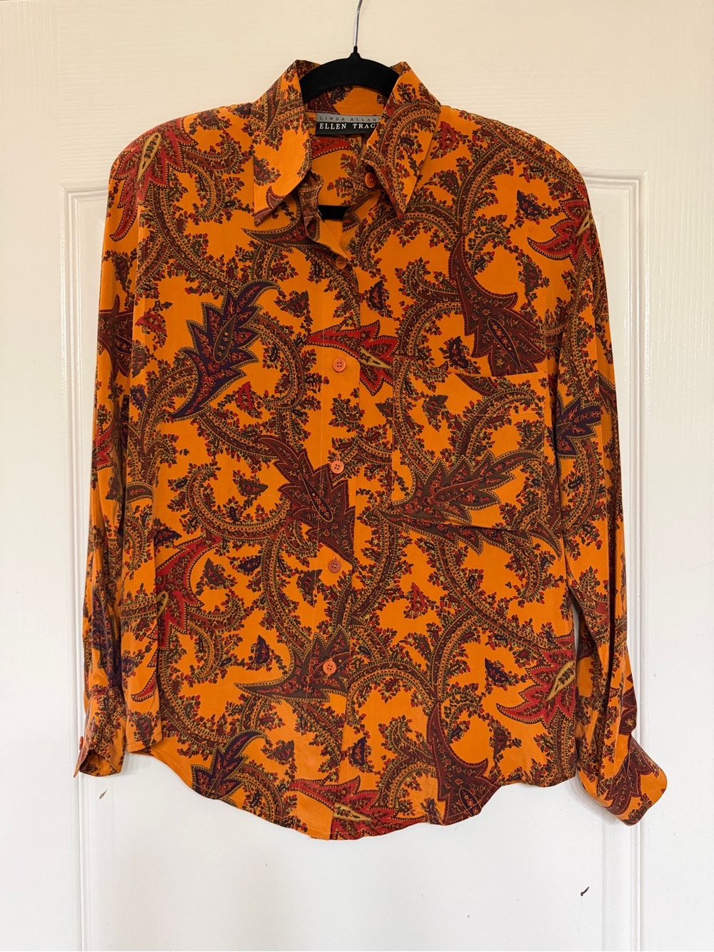 Vintage Ellen Tracy Silk Paisley Blouse 6 Orange Linda Allard 90s Fall Boho
